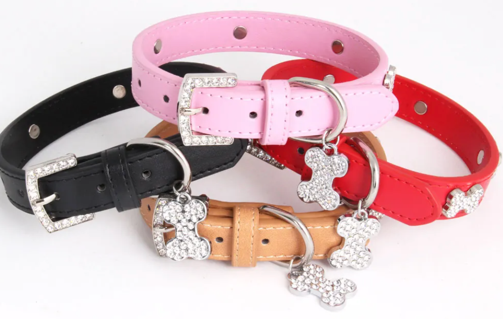 Pet Collar PU Leather Rhinestone Bone Pendent.  XS - RED