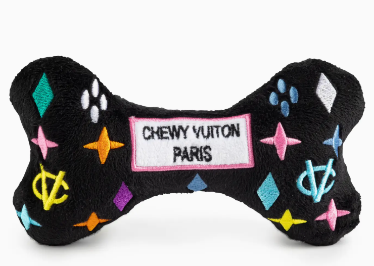 Black Monogram Chewy Vuiton Bone Squeaker Dog Toy- Mini