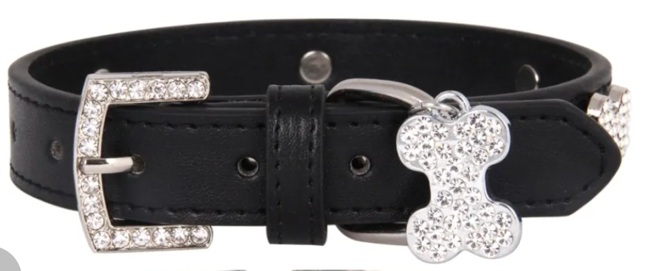 Pet Collar PU Leather Rhinestone Bone Pendent XS  BLACK